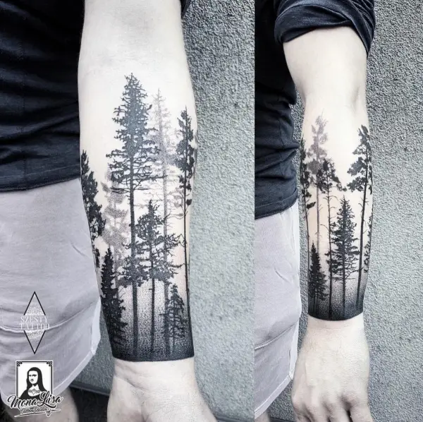 Wolf and Forest Tattoo on Forearm