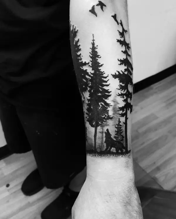 Dark Ink Flying Birds And Forest Tree Tattoo On Leg